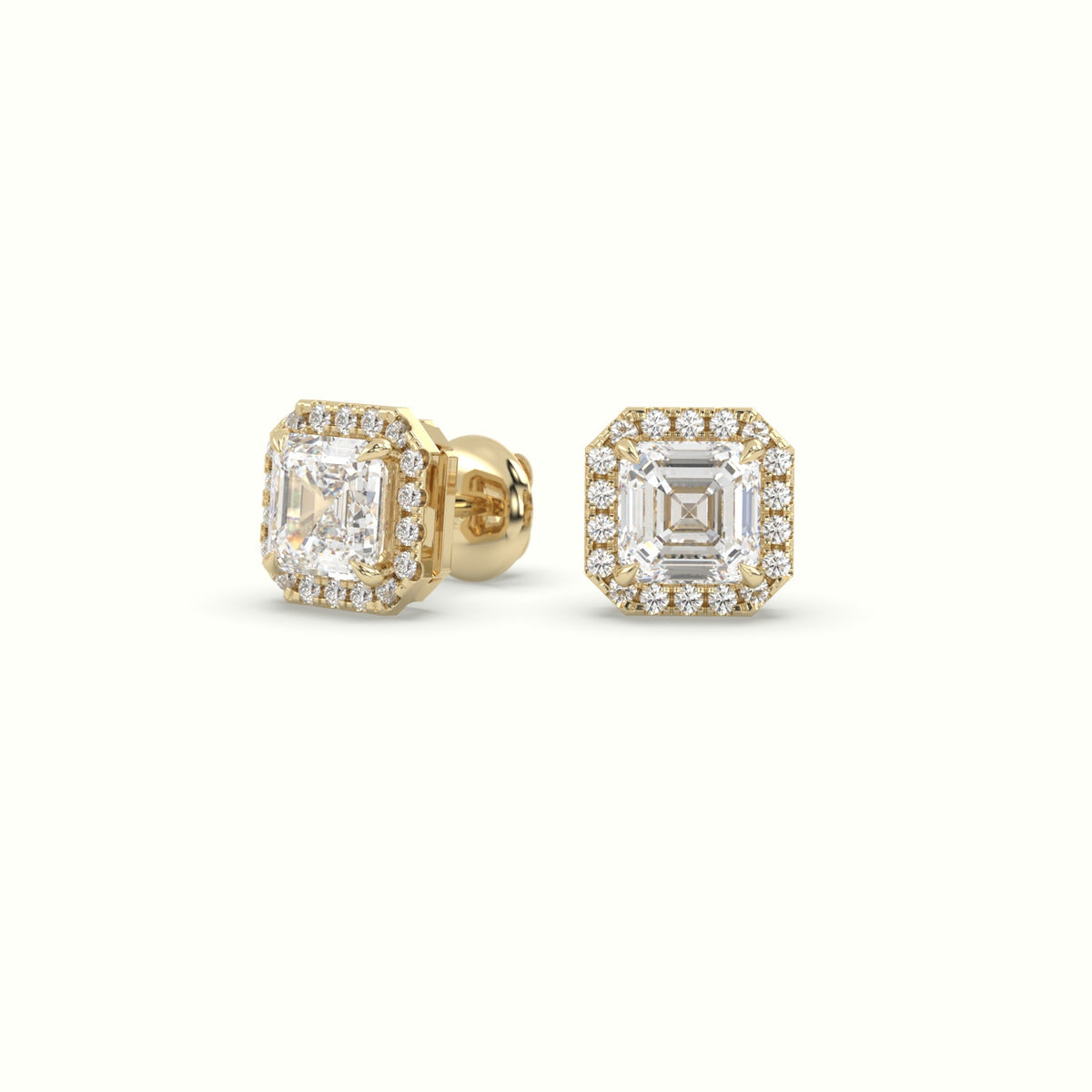 Asscher Cut Solitaire Lab-Grown Diamond Halo Stud Earrings 18K Yellow Gold