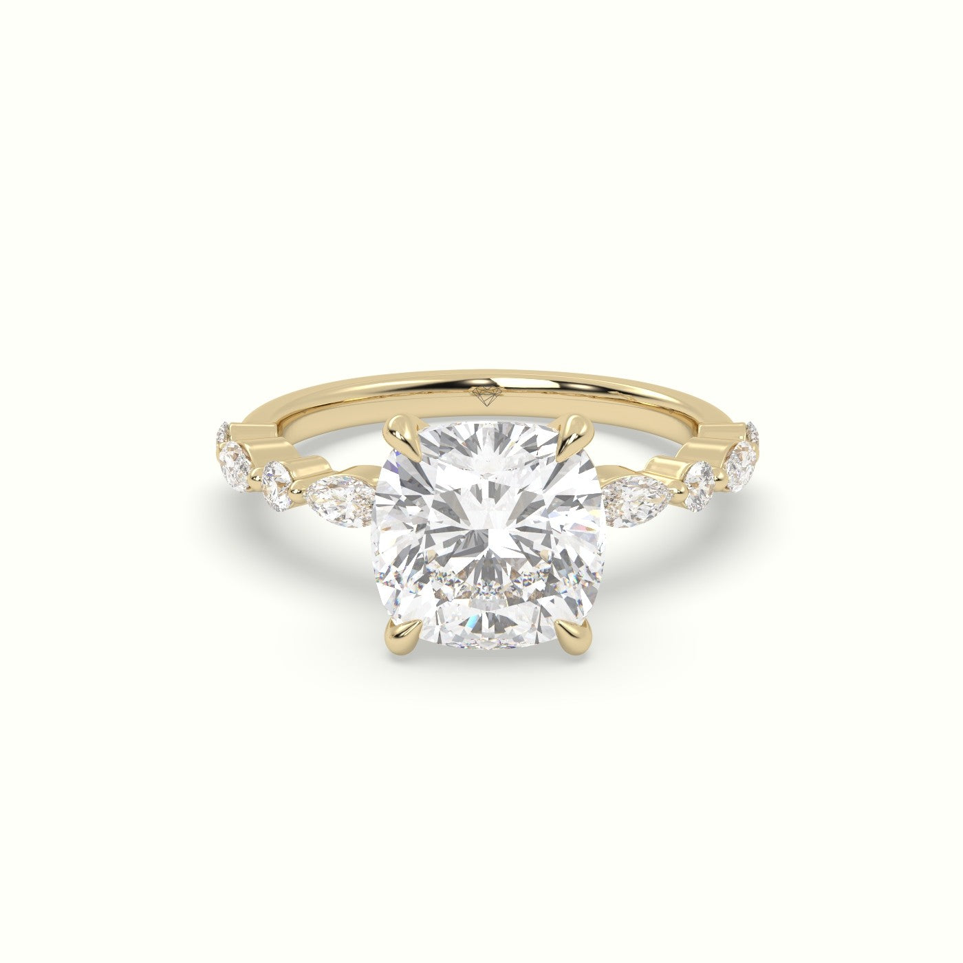 Cushion Cut Diamond Engagement Ring With Marquise And Round Side Stones — Yellow Gold