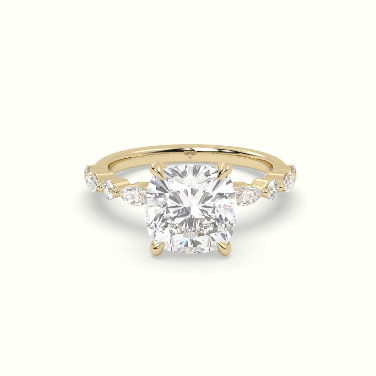 Cushion Cut Diamond Engagement Ring With Marquise And Round Side Stones — Yellow Gold