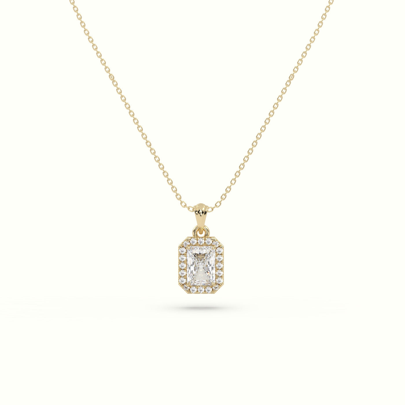 Radiant Cut Solitaire Halo Diamond Pendant — Yellow Gold