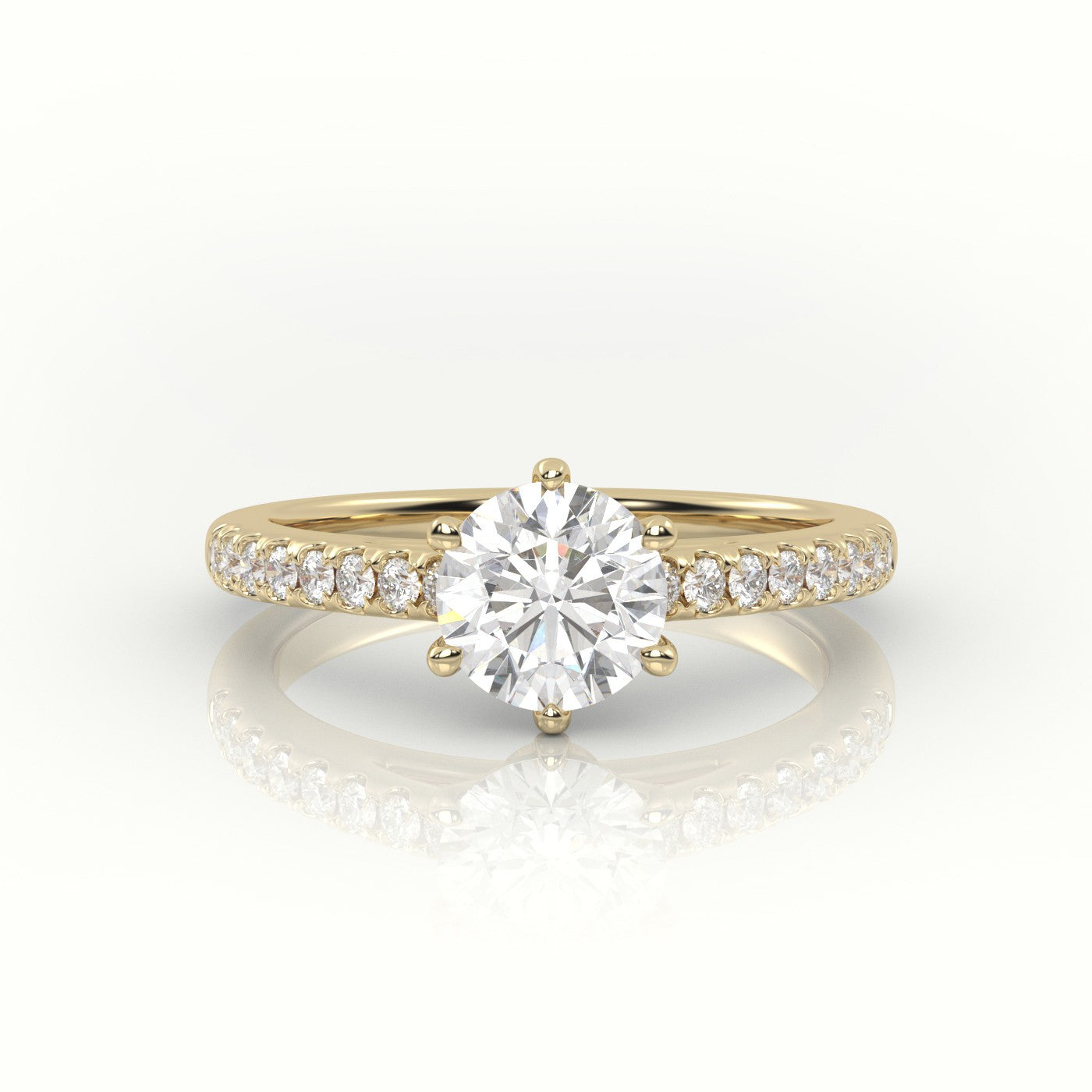Round Cut Diamond 6 Prongs Pave Setting Engagement Ring — Yellow Gold