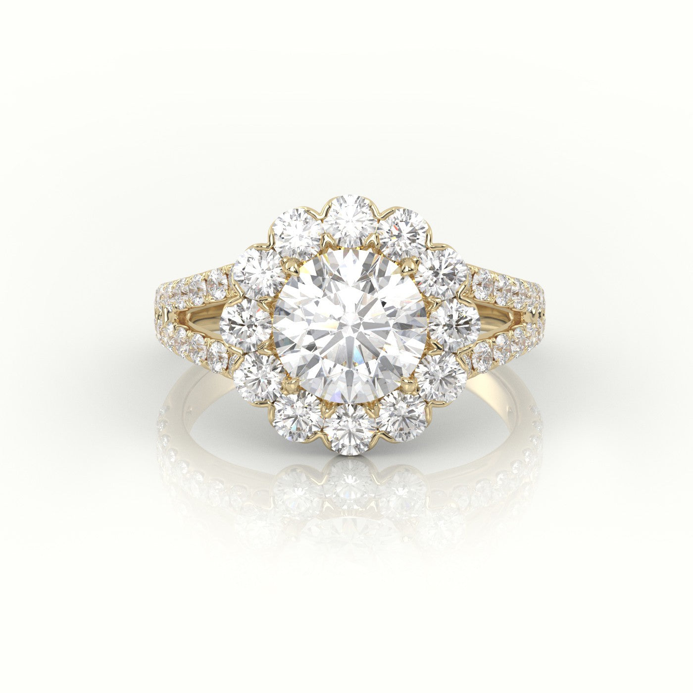 Round Cut Diamond 4 Prongs Halo Vintage Setting Engagement Ring — Yellow Gold