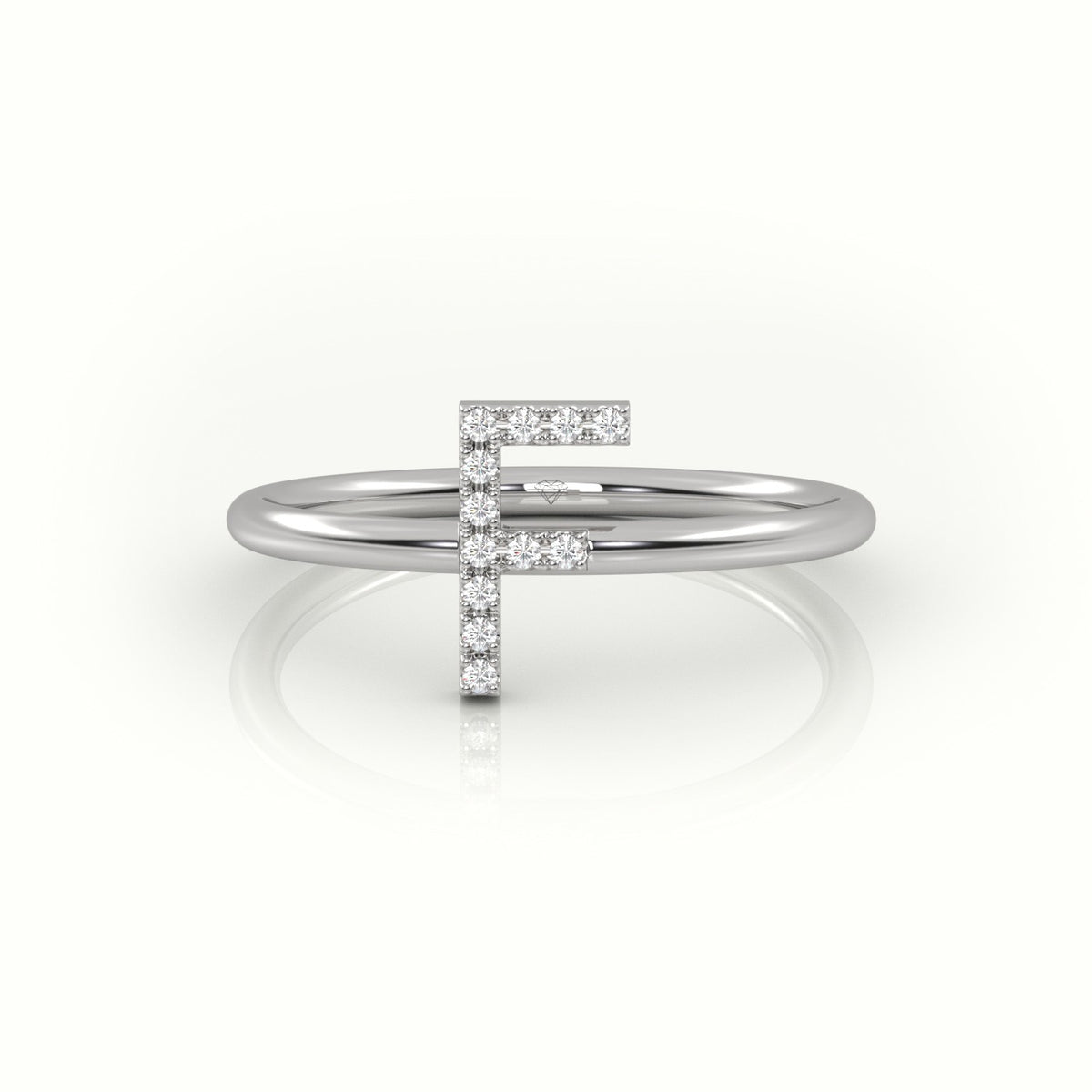 Round Cut Diamonds “F” Initials Monogram Alphabet Ring — White Gold