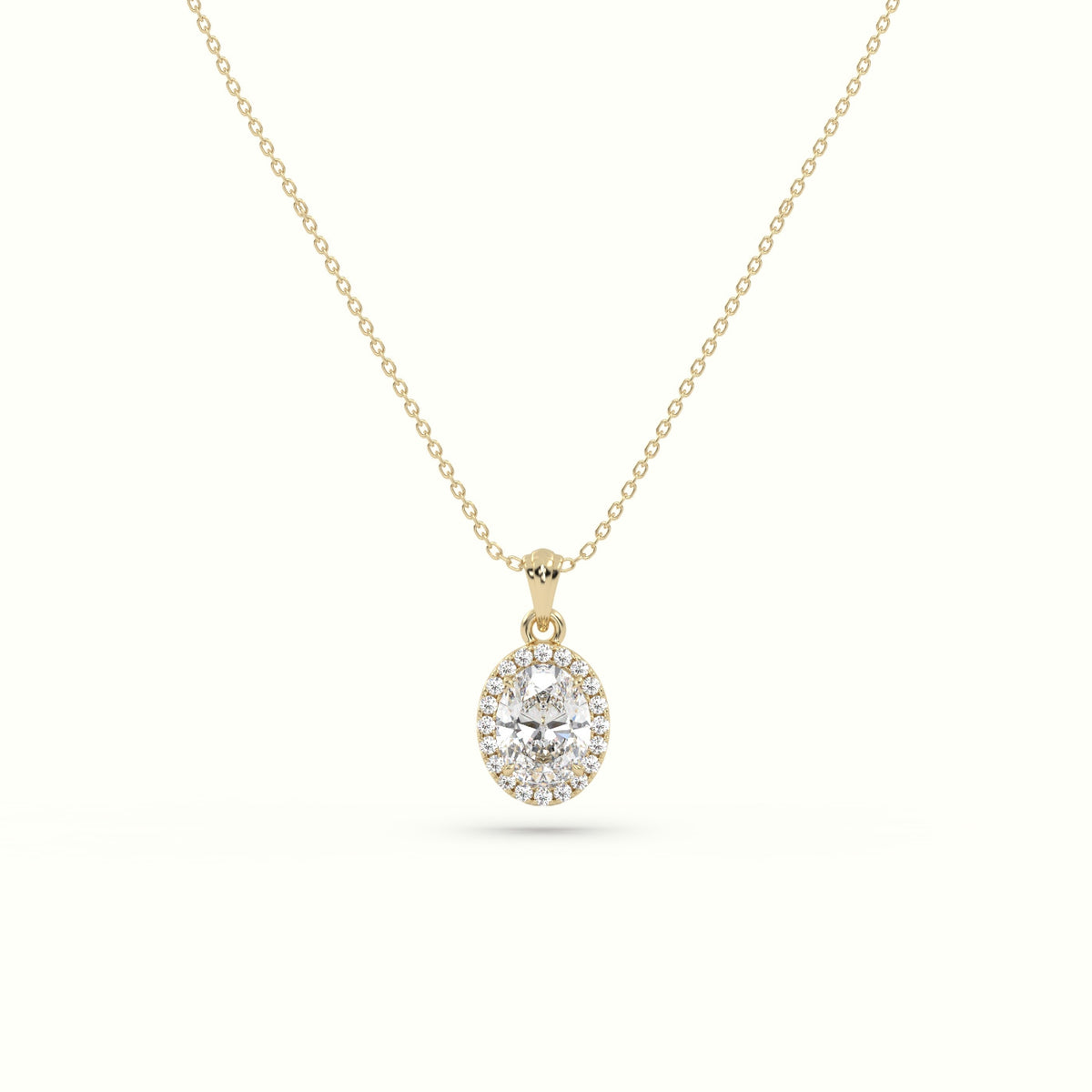 Oval Cut Solitaire Halo Diamond Pendant — Yellow Gold