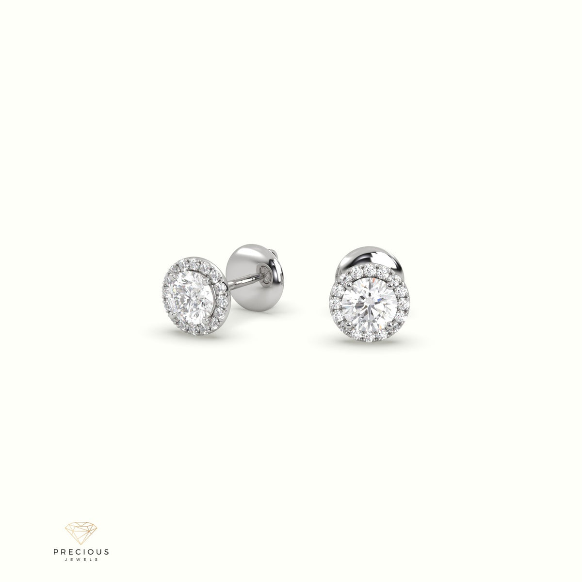 4 Prong Round Lab-Grown Diamond Halo Stud Earrings 18K White Gold