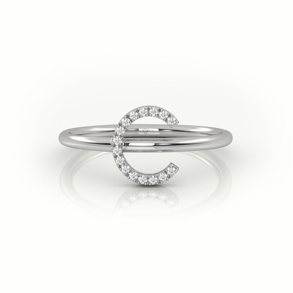 Round Cut Diamonds “C” Initials Monogram Alphabet Ring — White Gold