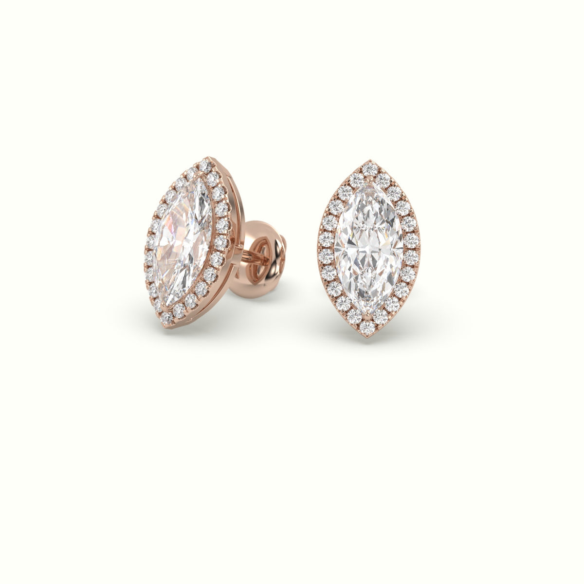 Marquise Cut Solitaire Lab-Grown Diamond Halo Stud Earrings 18K Rose Gold