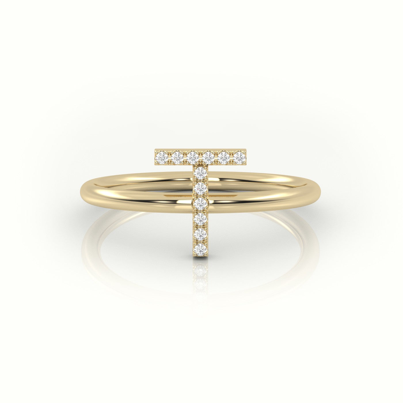 Round Cut Diamonds “T” Initials Monogram Alphabet Ring — Yellow Gold