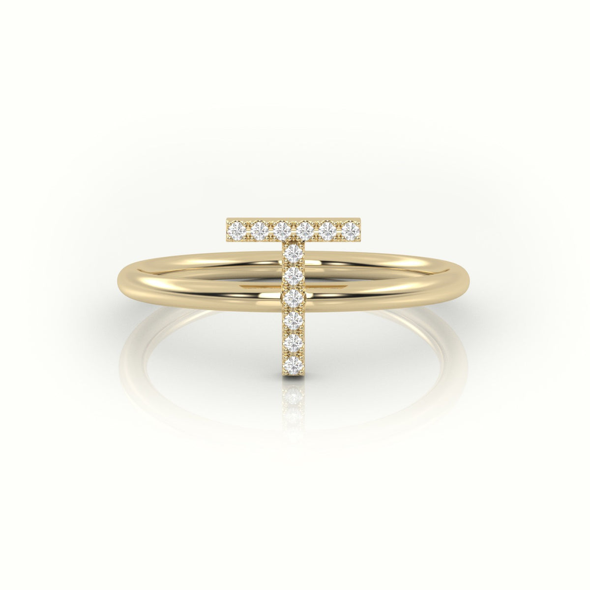 Round Cut Diamonds “T” Initials Monogram Alphabet Ring — Yellow Gold