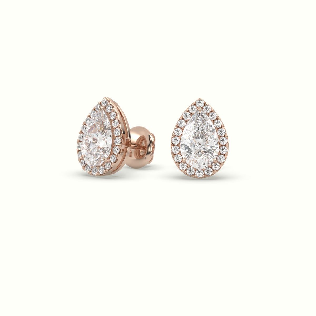 Pear Cut Solitaire Lab-Grown Diamond Halo Stud Earrings 18K Rose Gold