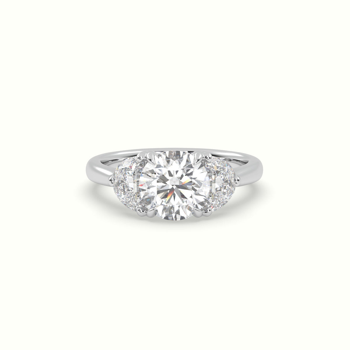 Round Diamond Trilogy Half Moon Engagement Ring — White Gold