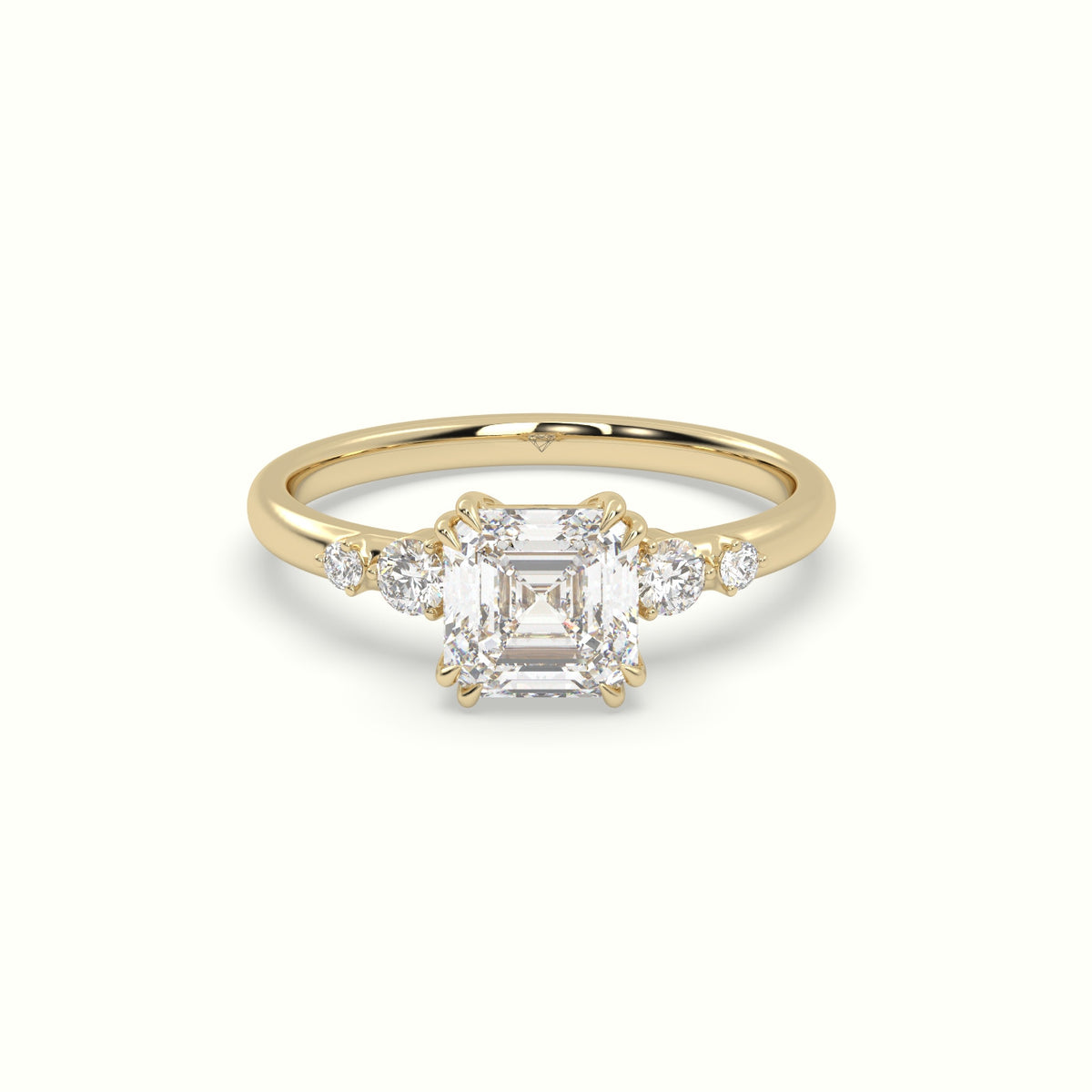Asscher Diamond Solitaire Side Stone Engagement Ring — Yellow Gold