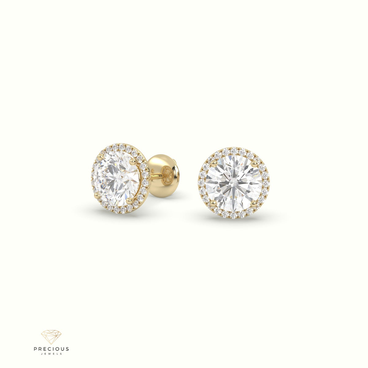4 Prong Round Lab-Grown Diamond Halo Stud Earrings 18K Yellow Gold