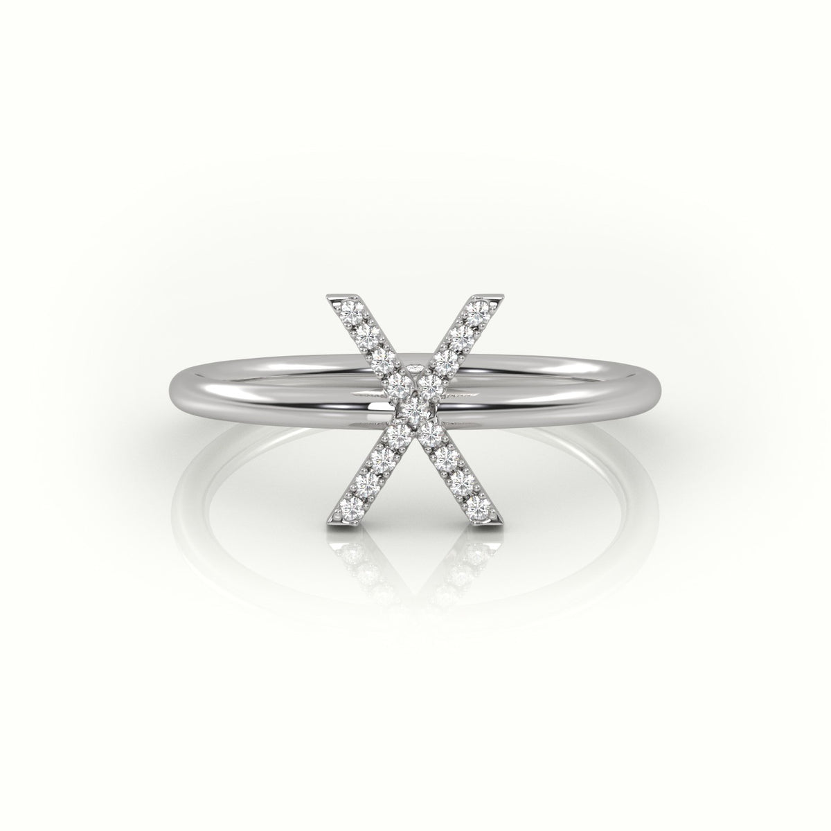 Round Cut Diamonds “X” Initials Monogram Alphabet Ring — White Gold