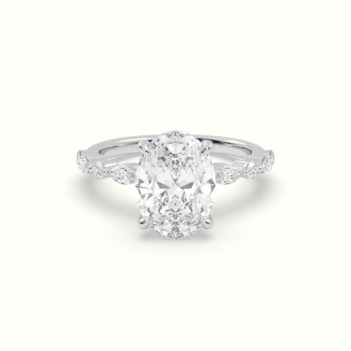 Oval Center Diamond Engagement Ring With Marquise And Round Side Stones — White Gold