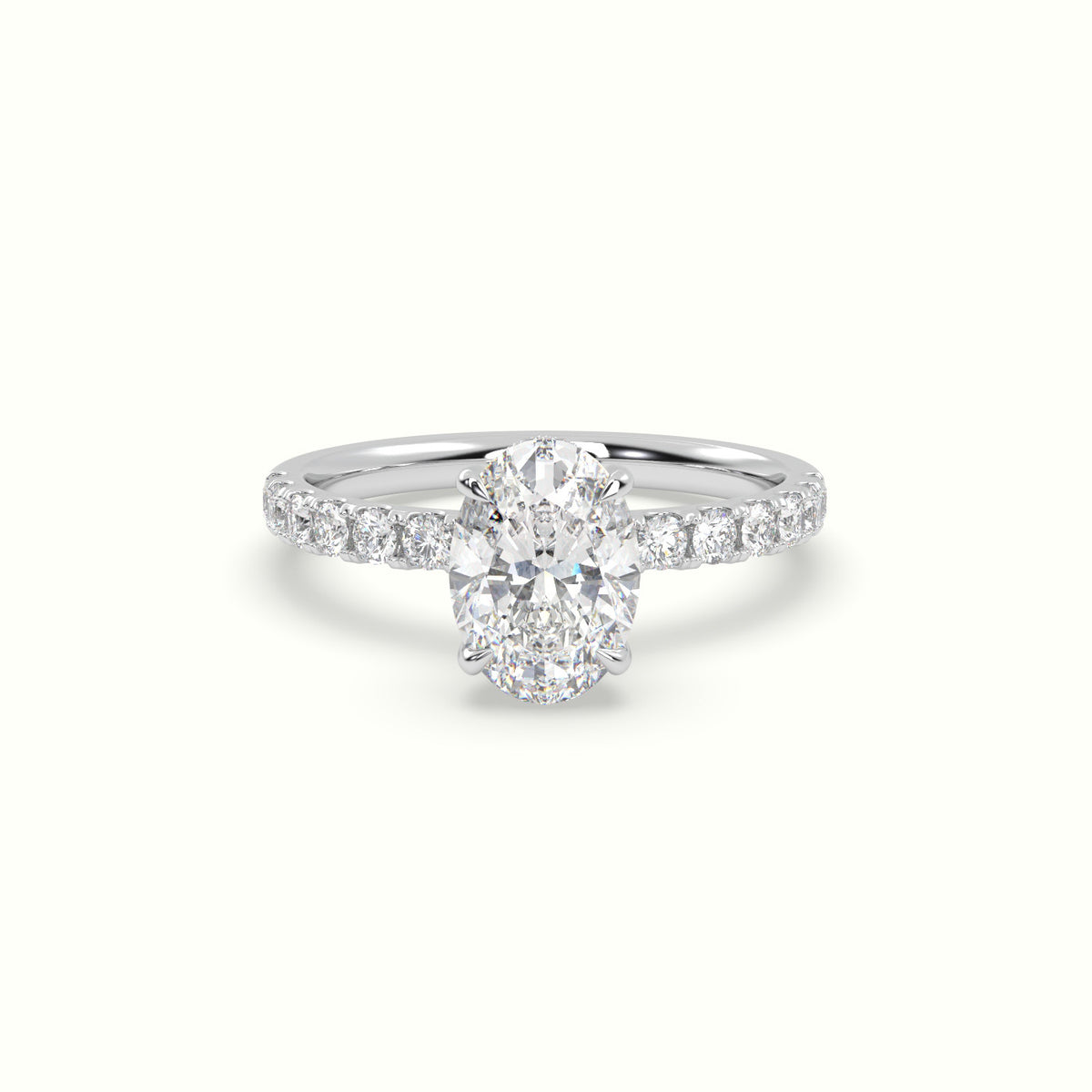 Oval Cut Hidden Halo Side Stone Engagement Ring — White Gold