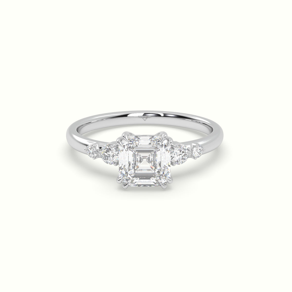 Asscher Diamond Solitaire Side Stone Engagement Ring — White Gold