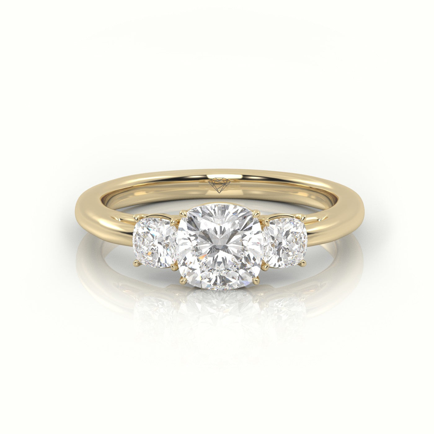 Cushion Cut Diamond 4 Prongs Side Stone Engagement Ring — Yellow Gold