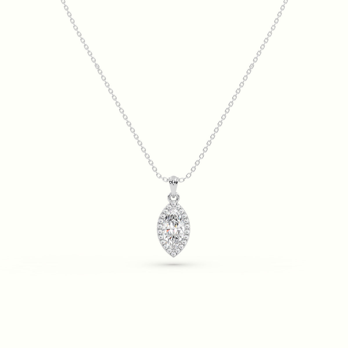 Marquise Cut Solitaire Halo Diamond Pendant — White Gold