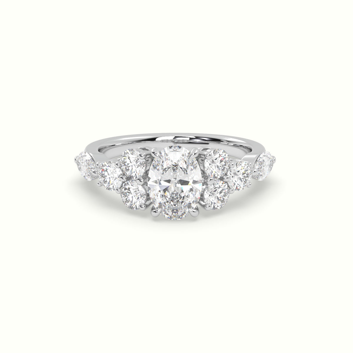 Oval Diamond Engagement Ring With Round And Marquise Side Stones — White Gold