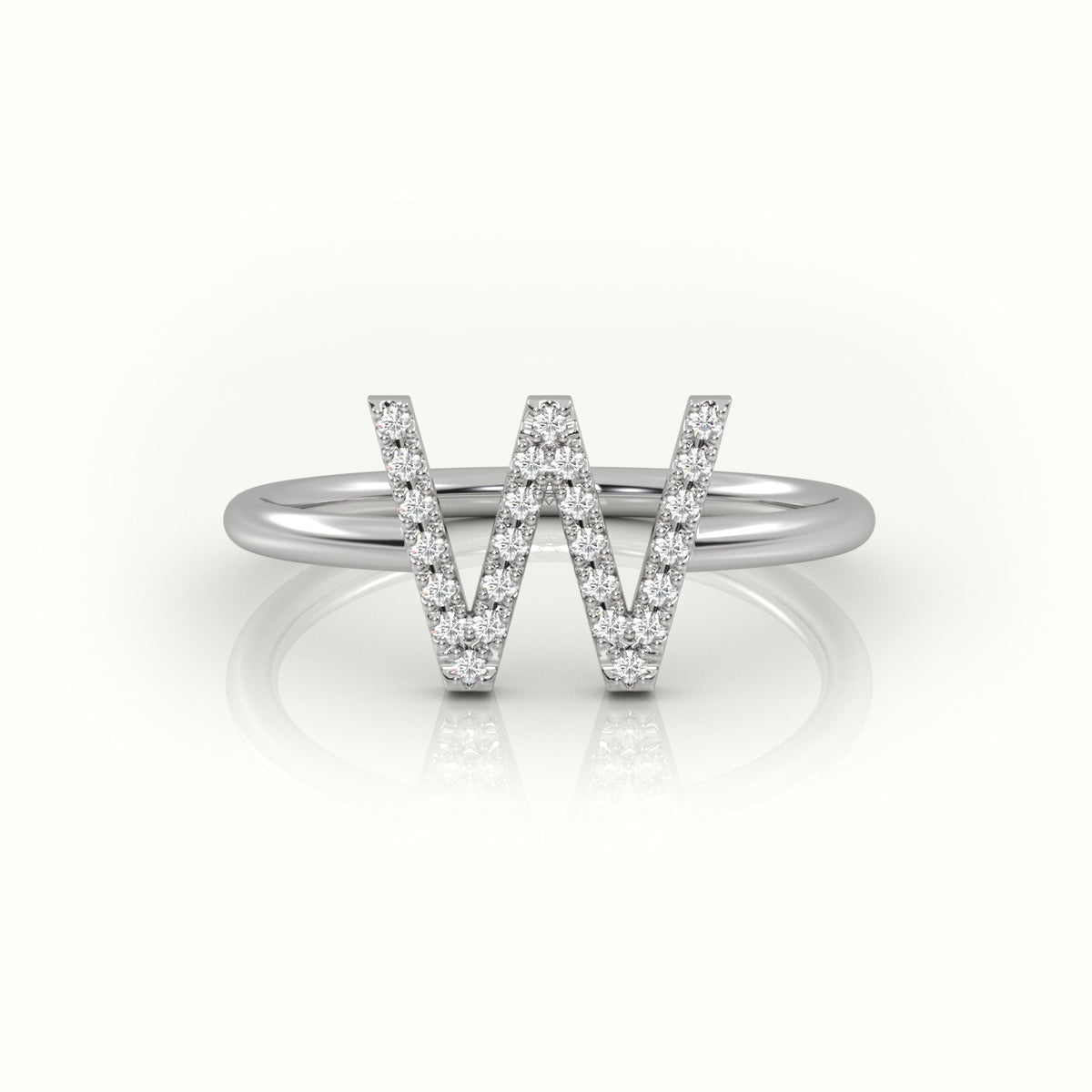 Round Cut Diamonds “W” Initials Monogram Alphabet Ring — White Gold
