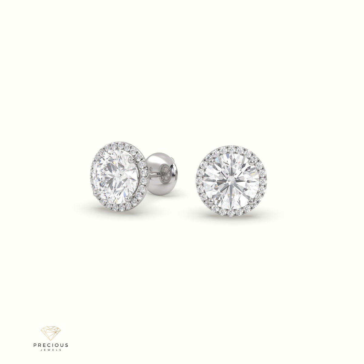 4 Prong Round Lab-Grown Diamond Halo Stud Earrings 18K White Gold