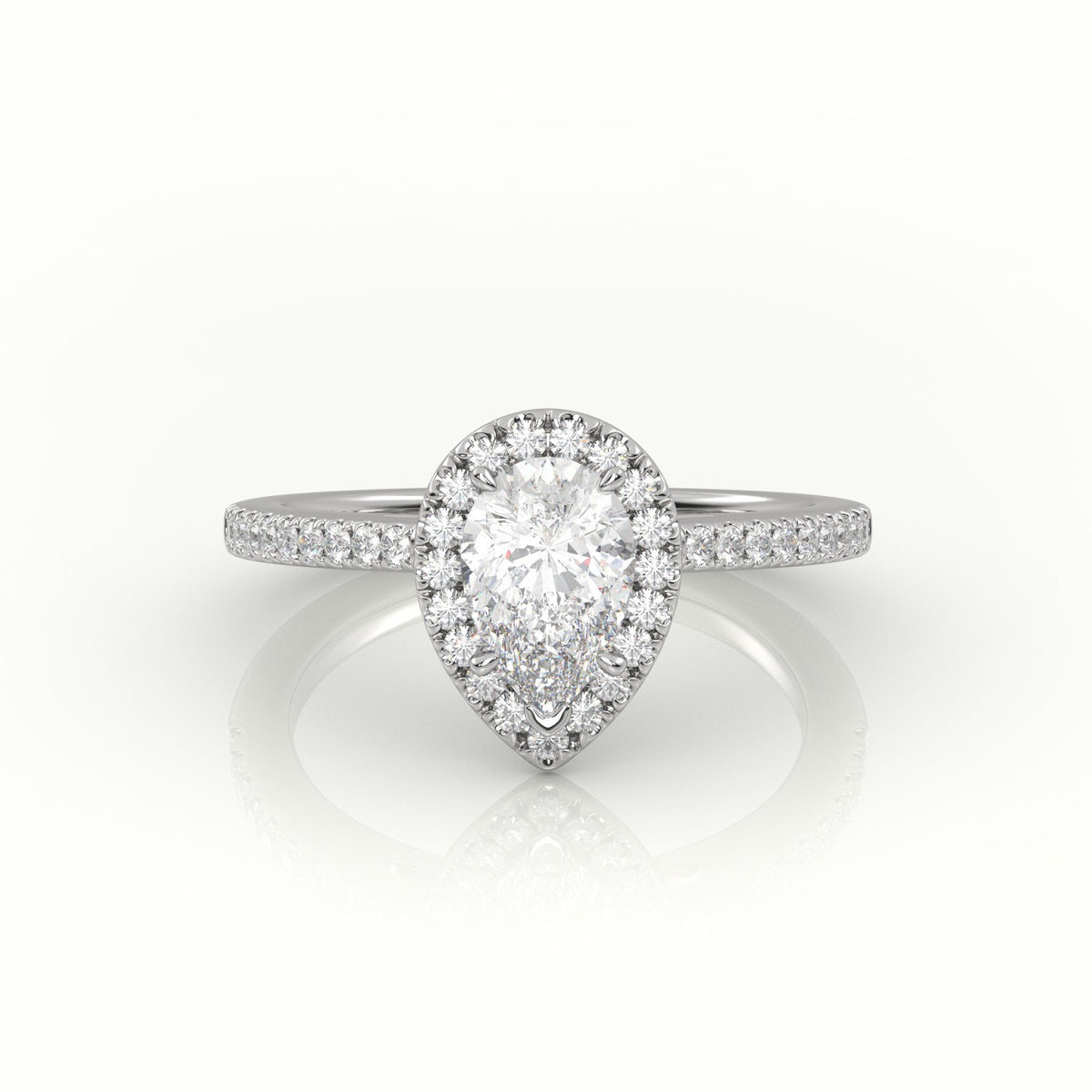 Pear Cut Diamond Halo Pave Setting Engagement Ring — White Gold