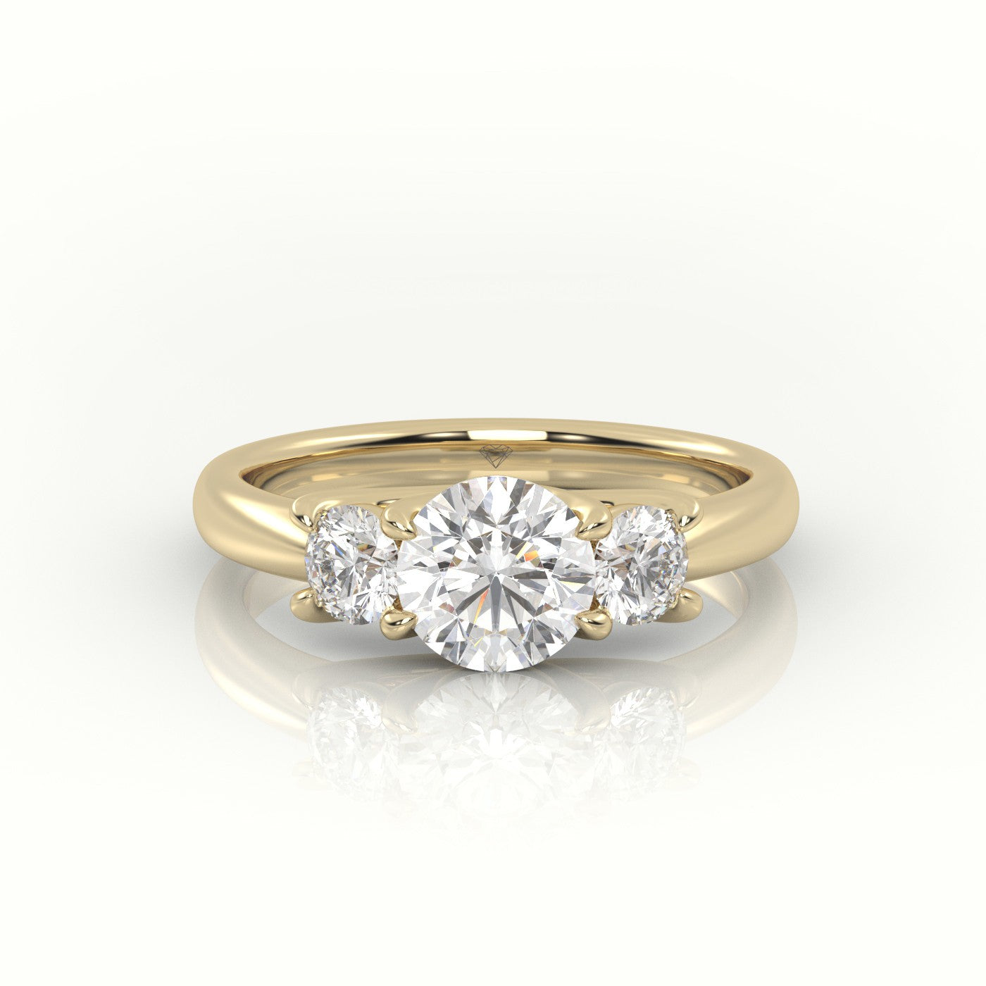 Round Cut Diamond 4 Prongs Side Stones Engagement Ring — Yellow Gold