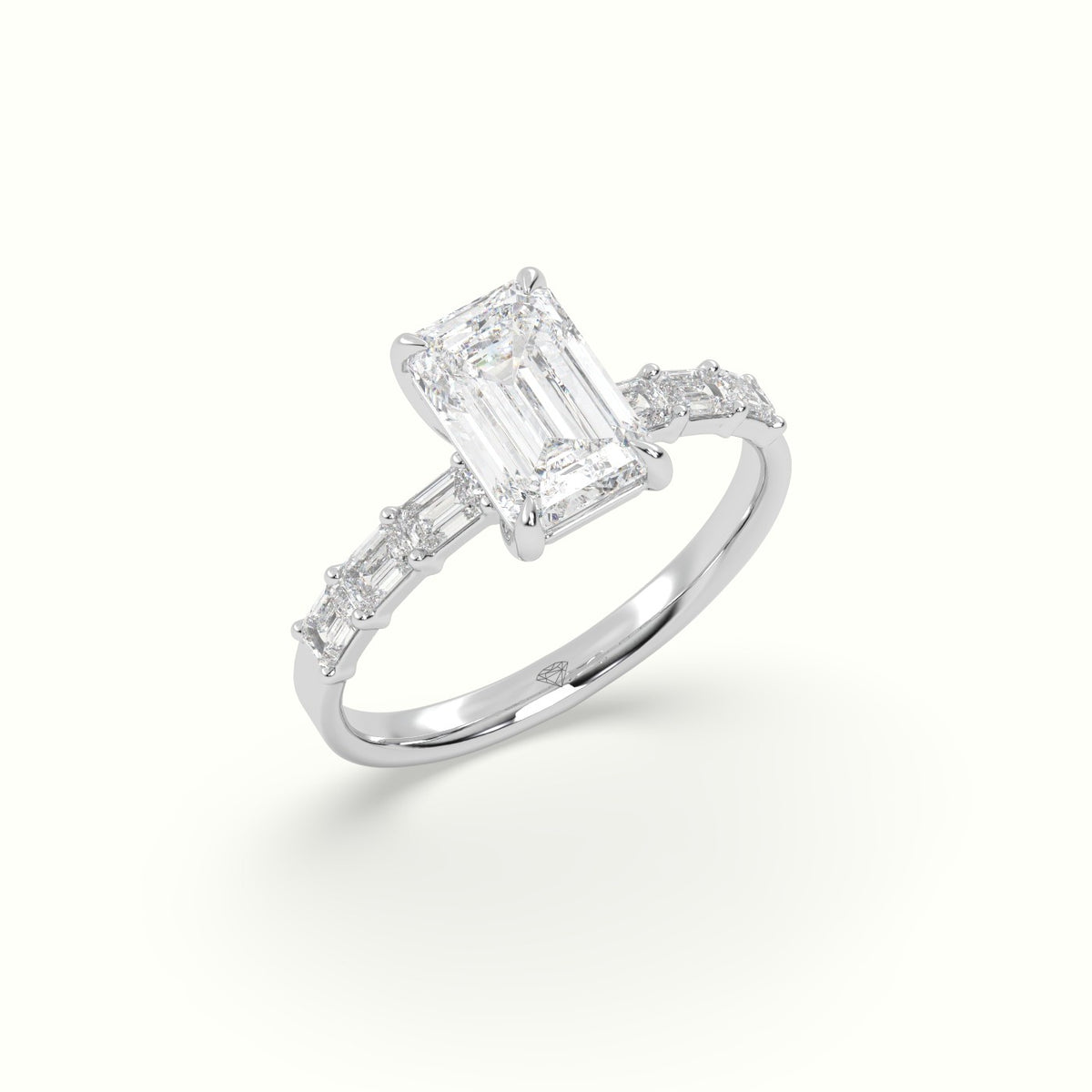 Emerald Cut Diamond Engagement Ring With Baguette Side Stones — White Gold