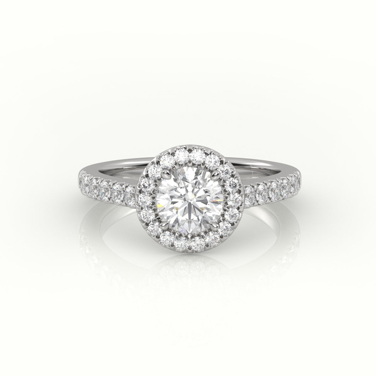 Round-Cut-Diamond 4 Prongs Halo Scallop Setting Engagement Ring — White Gold