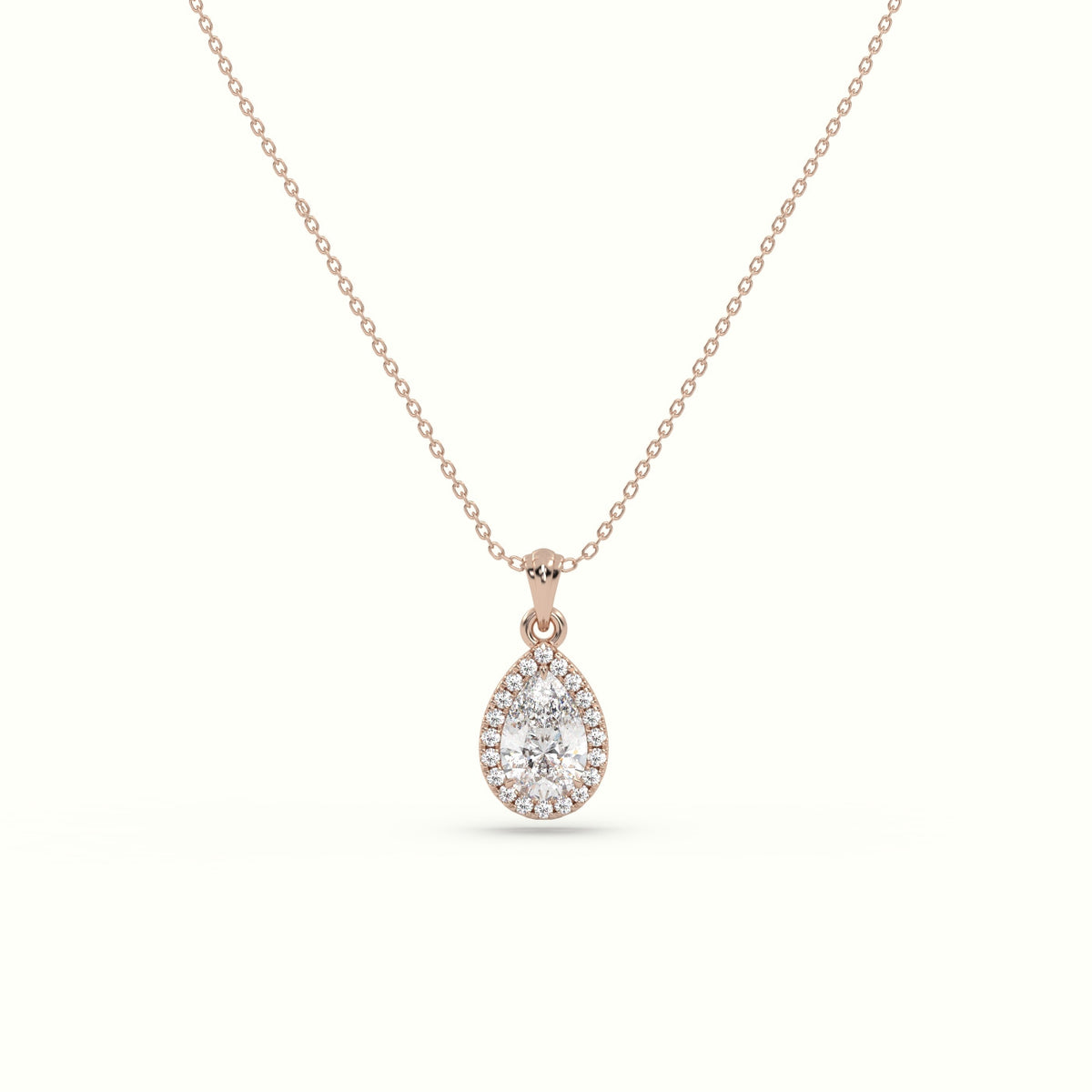 Pear Cut Solitaire Halo Diamond Pendant — Rose Gold