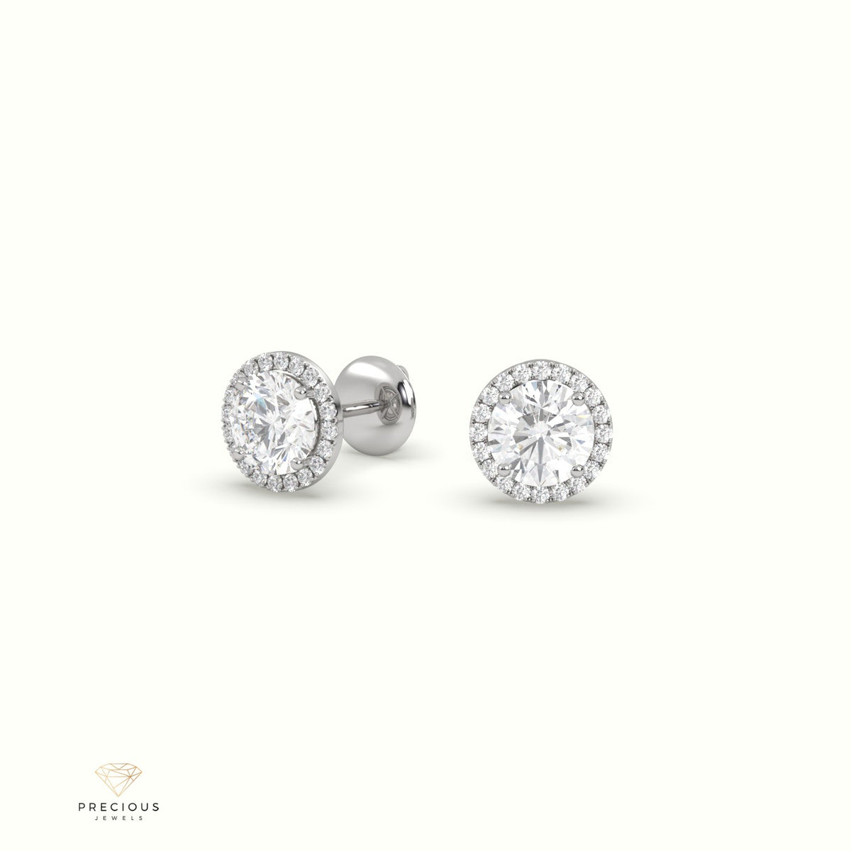 4 Prong Round Lab-Grown Diamond Halo Stud Earrings 18K White Gold