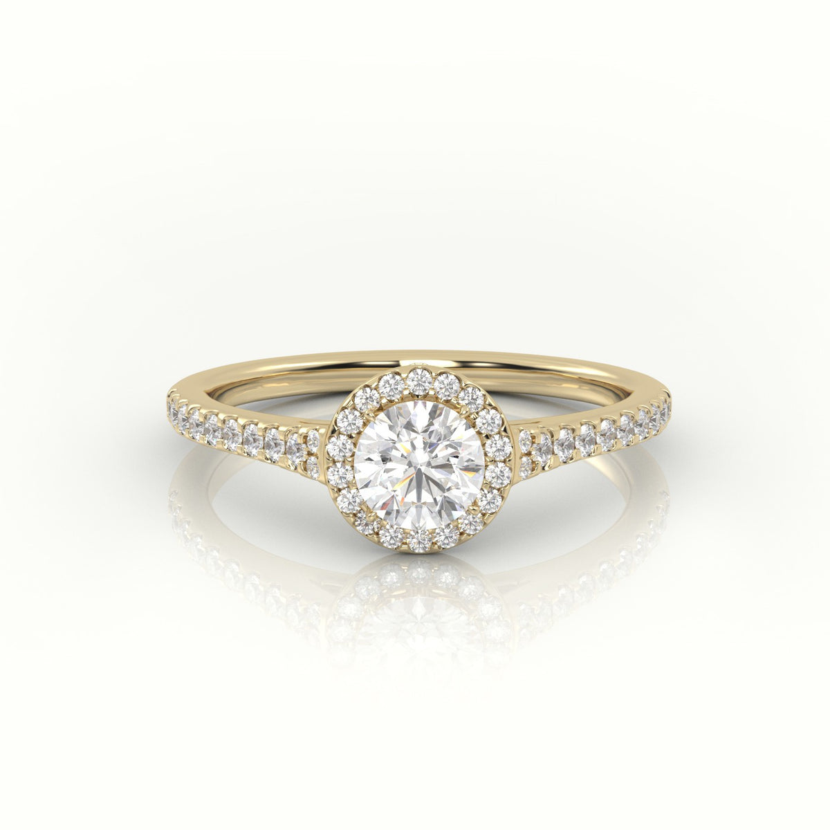 Round Cut Diamond Halo Scallop Setting Engagement Ring — Yellow Gold