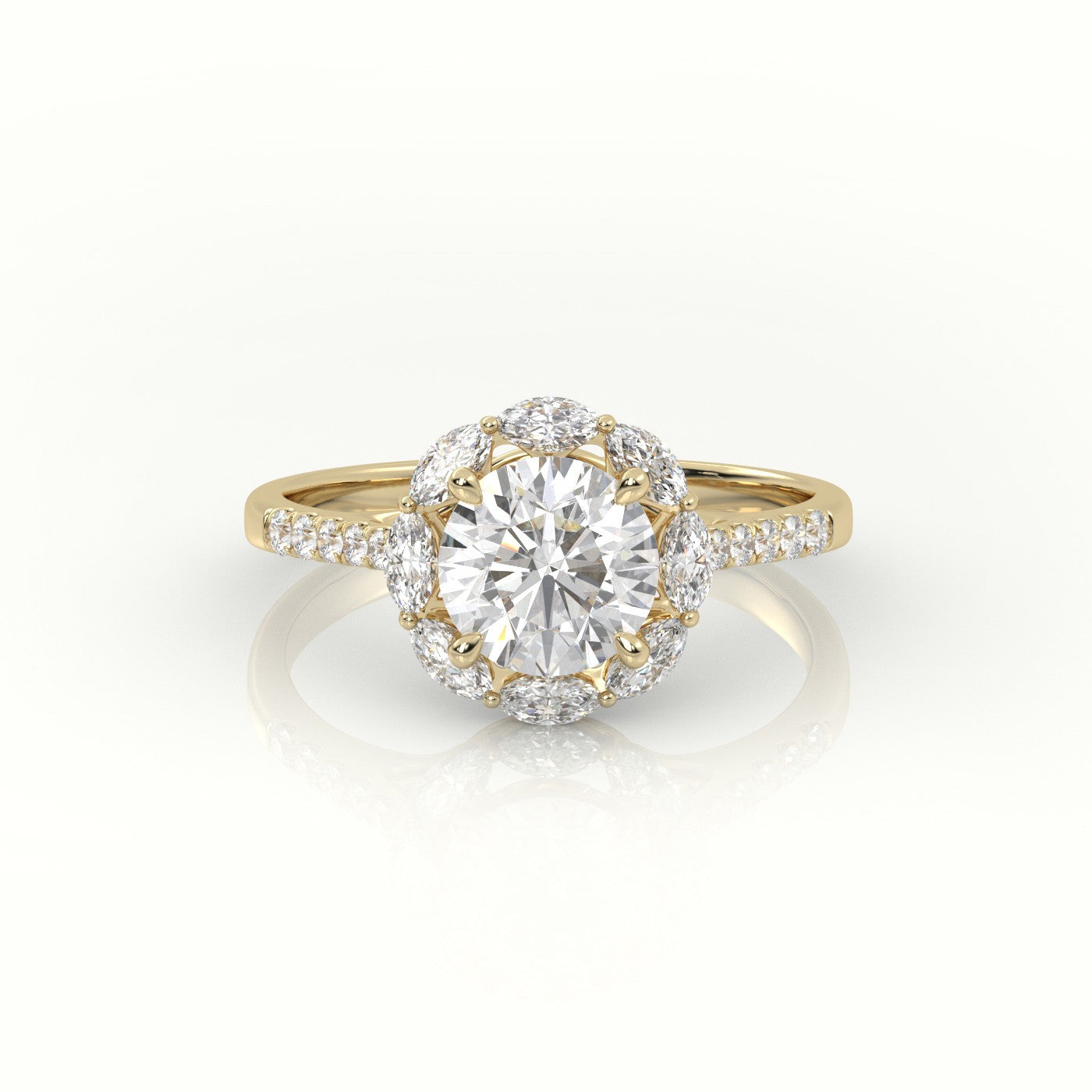 Round Cut Diamond 4 Prongs Halo Pave Setting Engagement Ring — Yellow Gold
