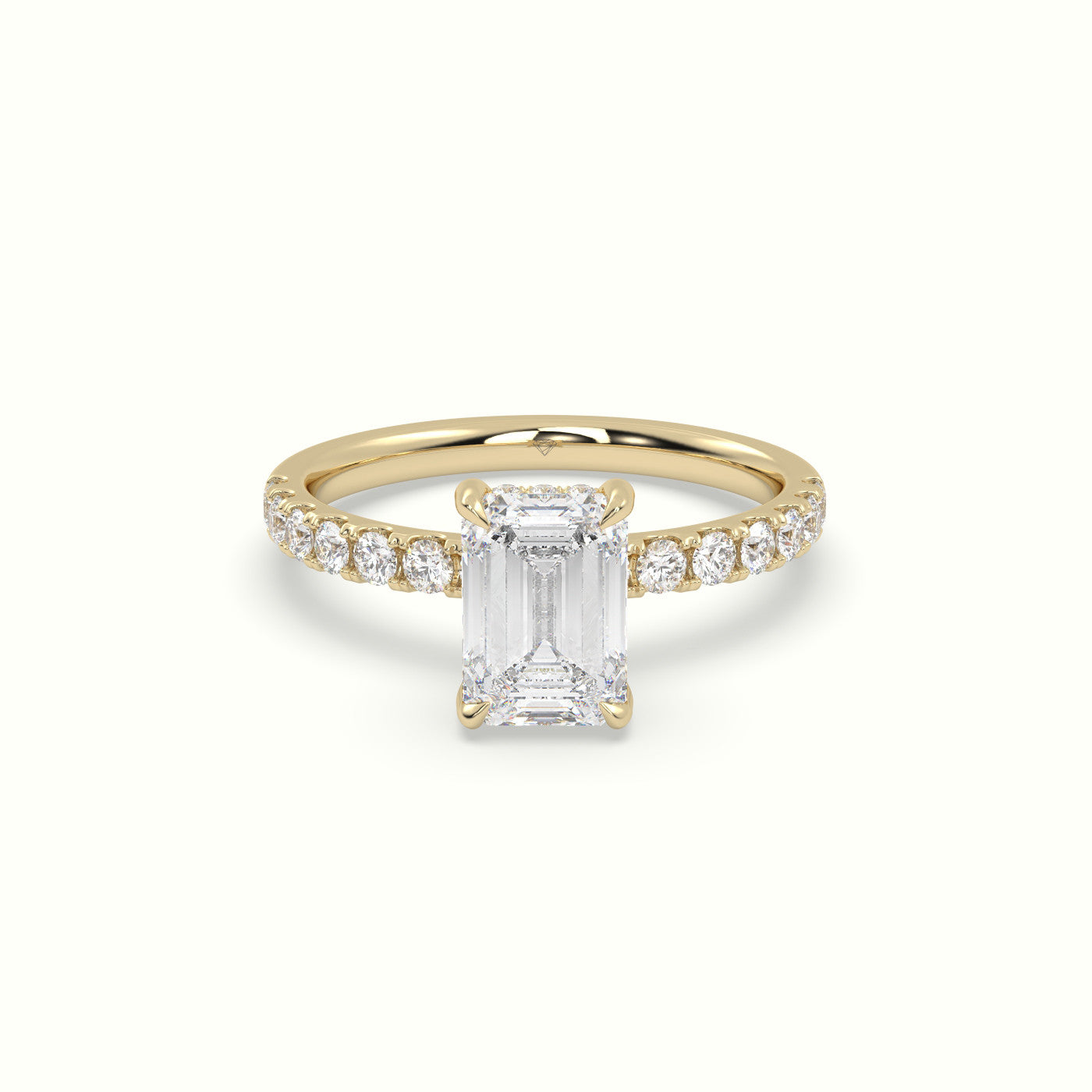 Emerald Cut Hidden Halo Side Stone Engagement Ring — Yellow Gold