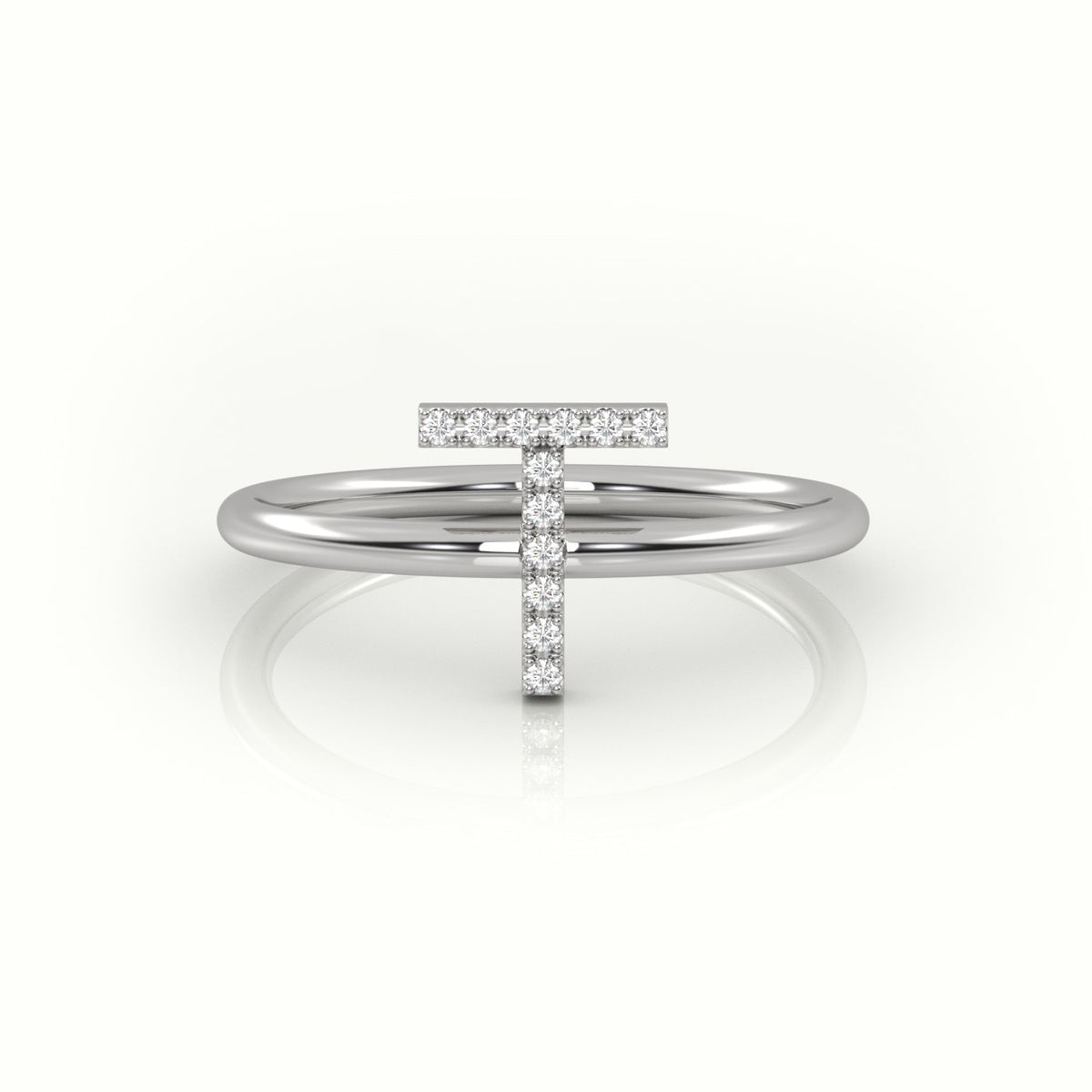 Round Cut Diamonds “T” Initials Monogram Alphabet Ring — White Gold
