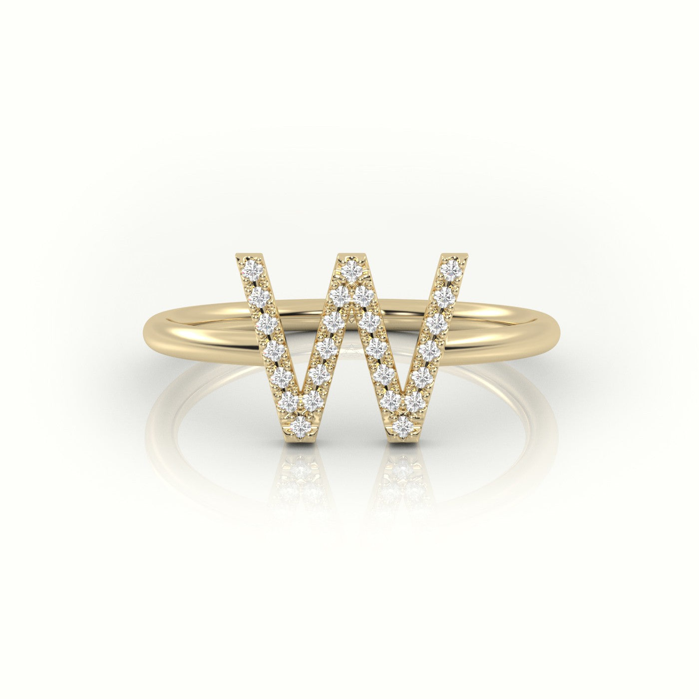 Round Cut Diamonds “W” Initials Monogram Alphabet Ring — Yellow Gold