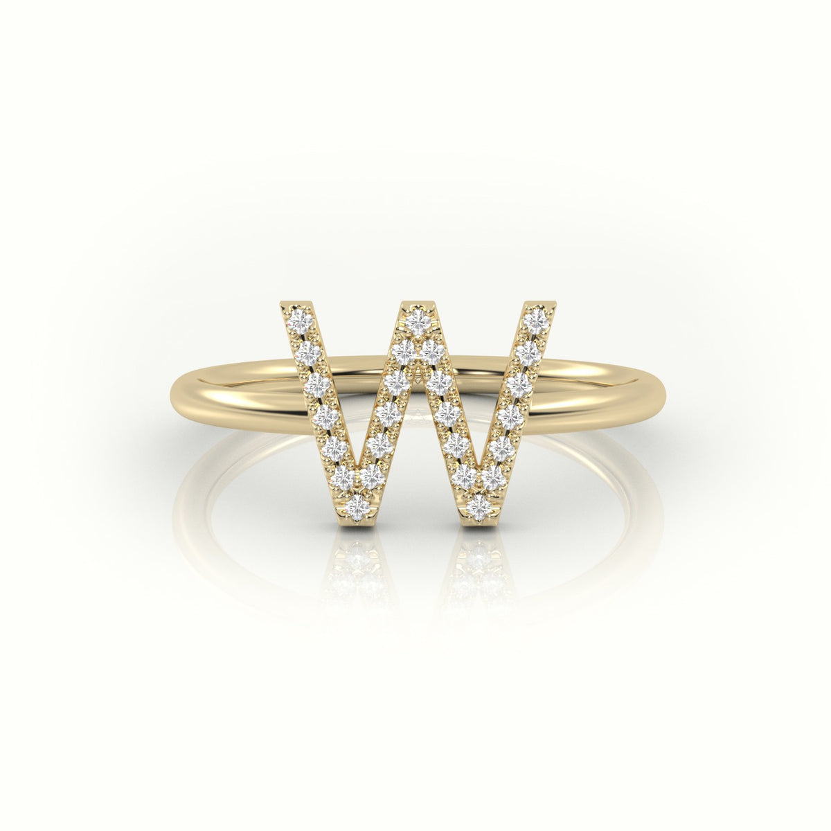 Round Cut Diamonds “W” Initials Monogram Alphabet Ring — Yellow Gold