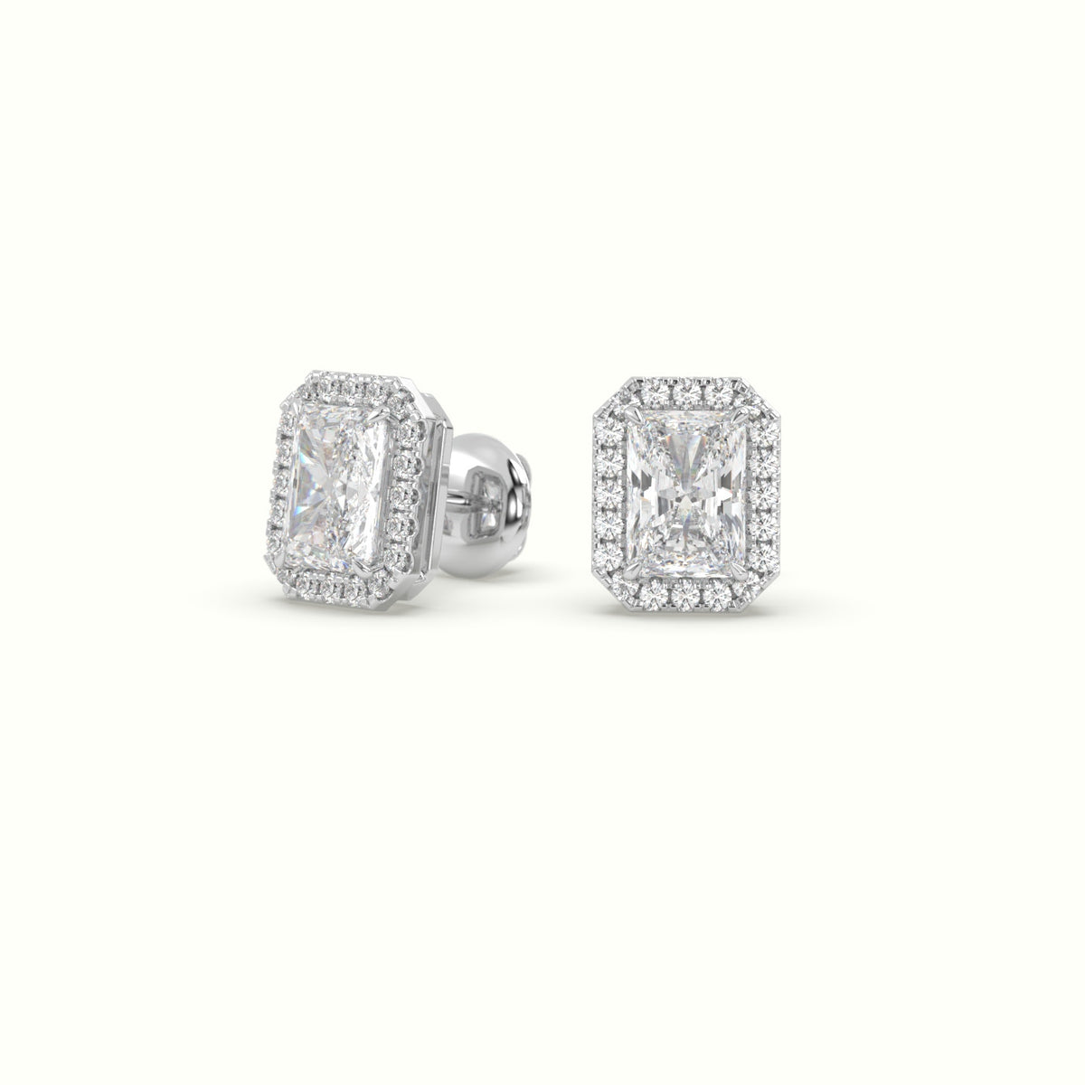 Radiant Cut Solitaire Lab-Grown Diamond Halo Stud Earrings 18K White Gold