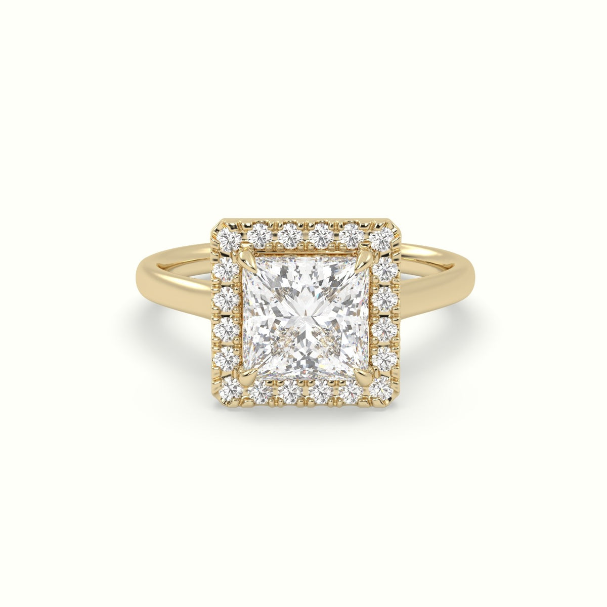 Princess Cut Halo Diamond Engagement Ring — Yellow Gold