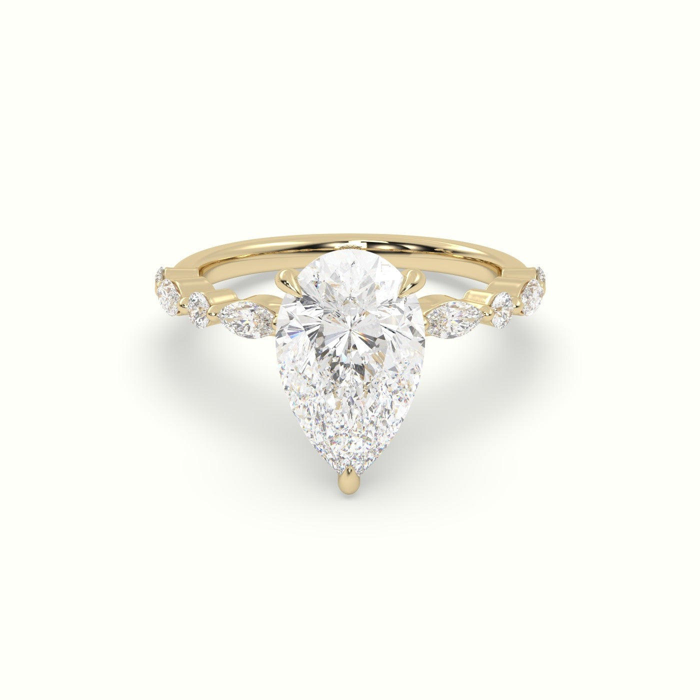 Pear Cut Diamond Engagement Ring With Marquise And Round Side Stones — Yellow Gold
