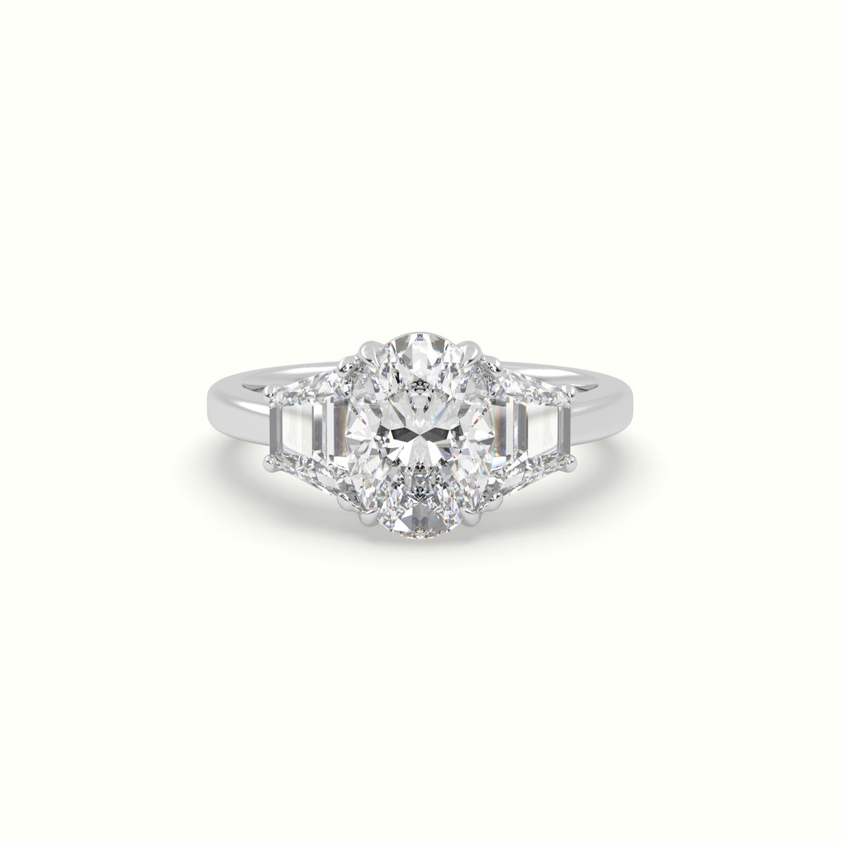 Oval Diamond Trilogy Trapezium Engagement Ring — White Gold