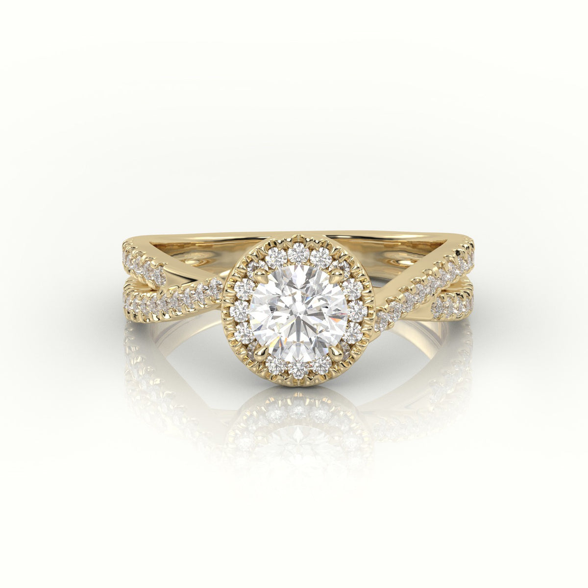 Round Cut Diamond 4 Prongs Scallop Setting Designer Engagement Ring — Yellow Gold