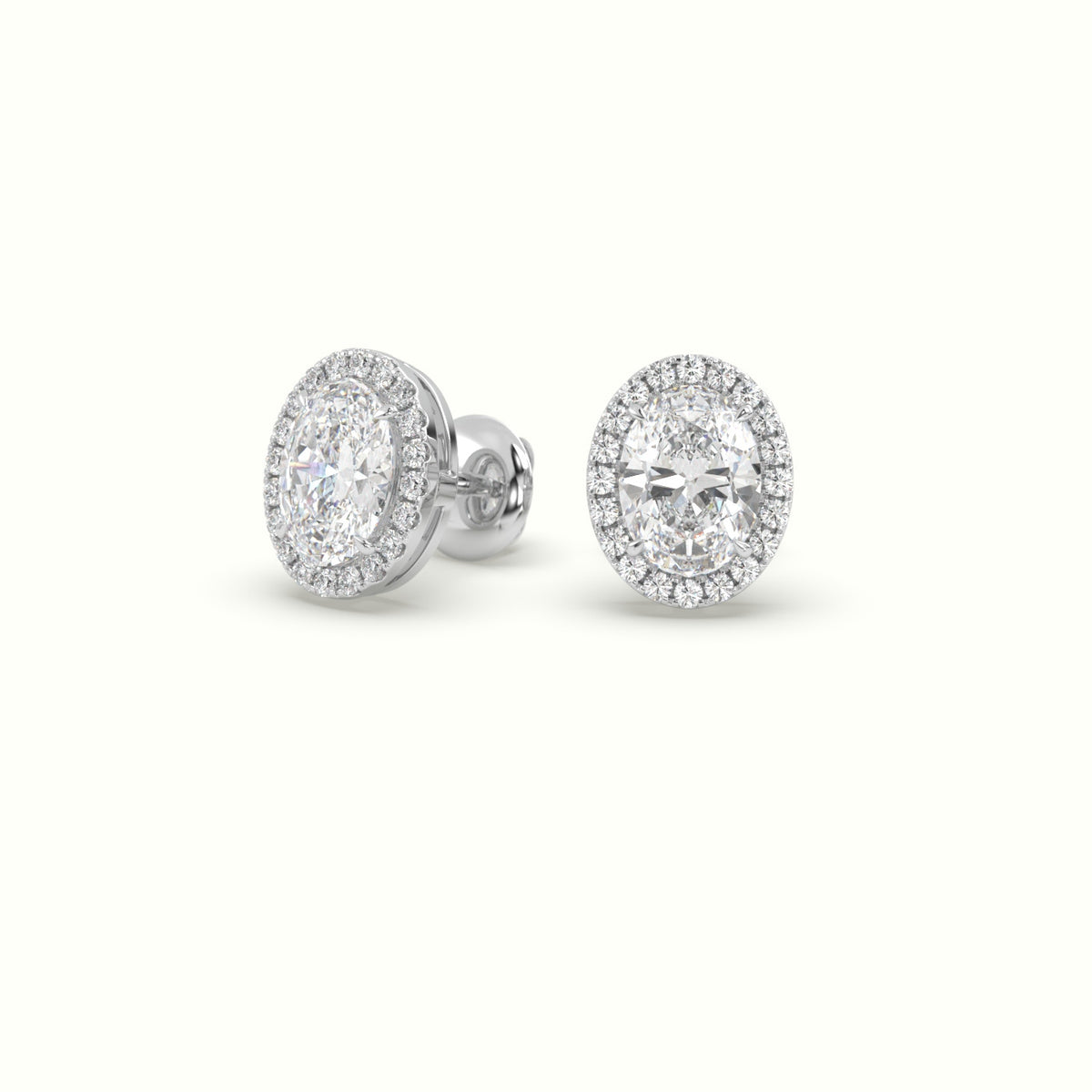Oval Cut Solitaire Lab-Grown Diamond Halo Stud Earrings 18K White Gold