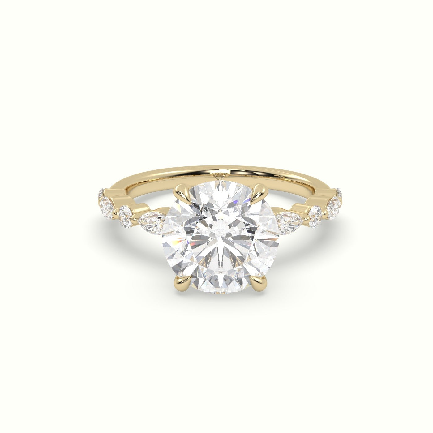 Round Cut Diamond Engagement Ring With Marquise And Round Side Stones — Yellow Gold