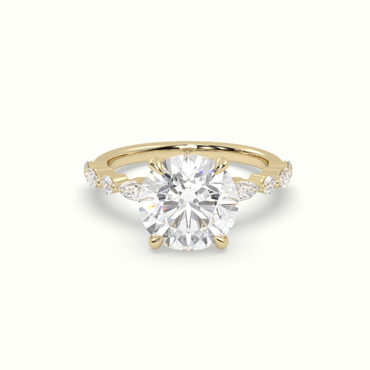 Round Cut Diamond Engagement Ring With Marquise And Round Side Stones — Yellow Gold