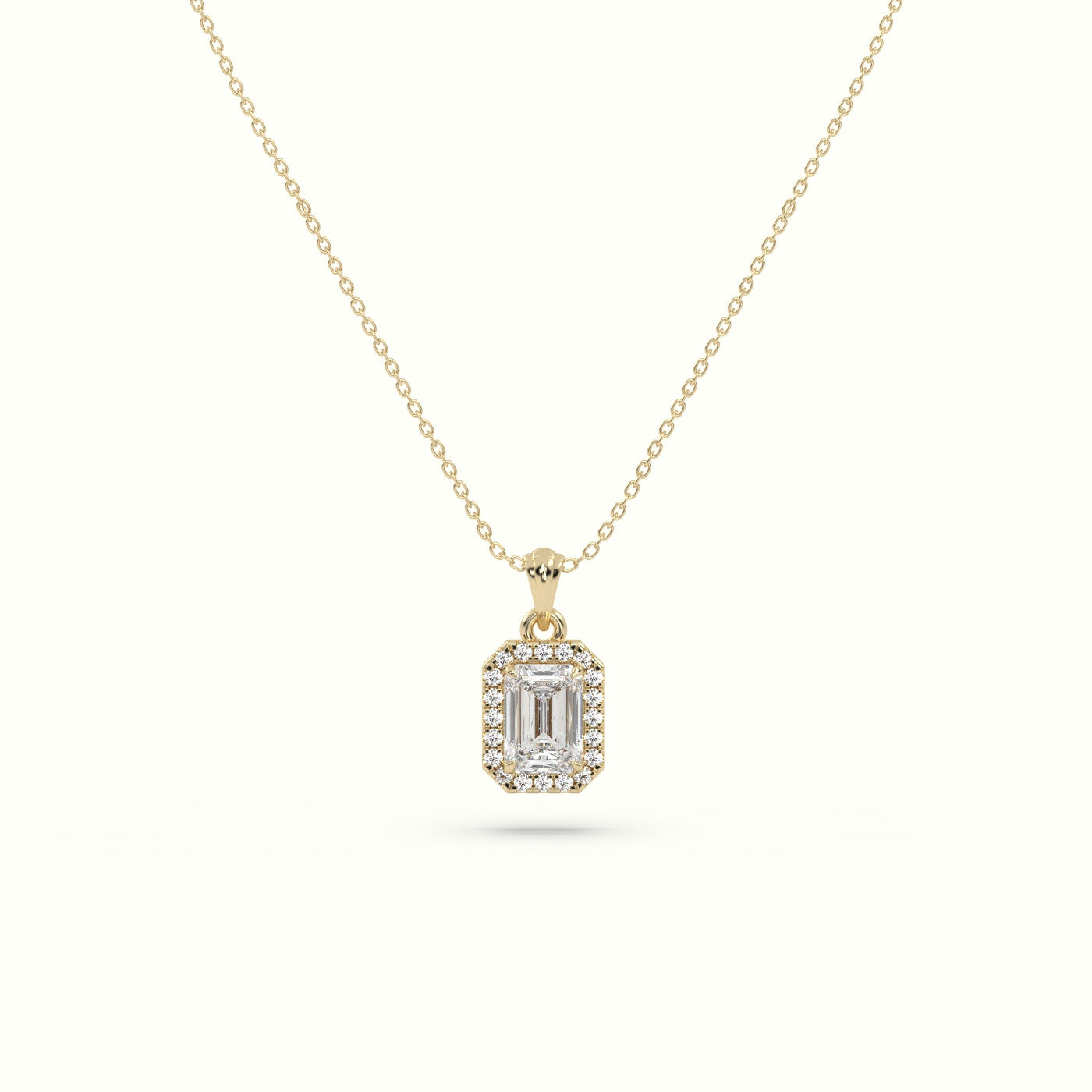 Emerald Cut Solitaire Halo Diamond Pendant — Yellow Gold