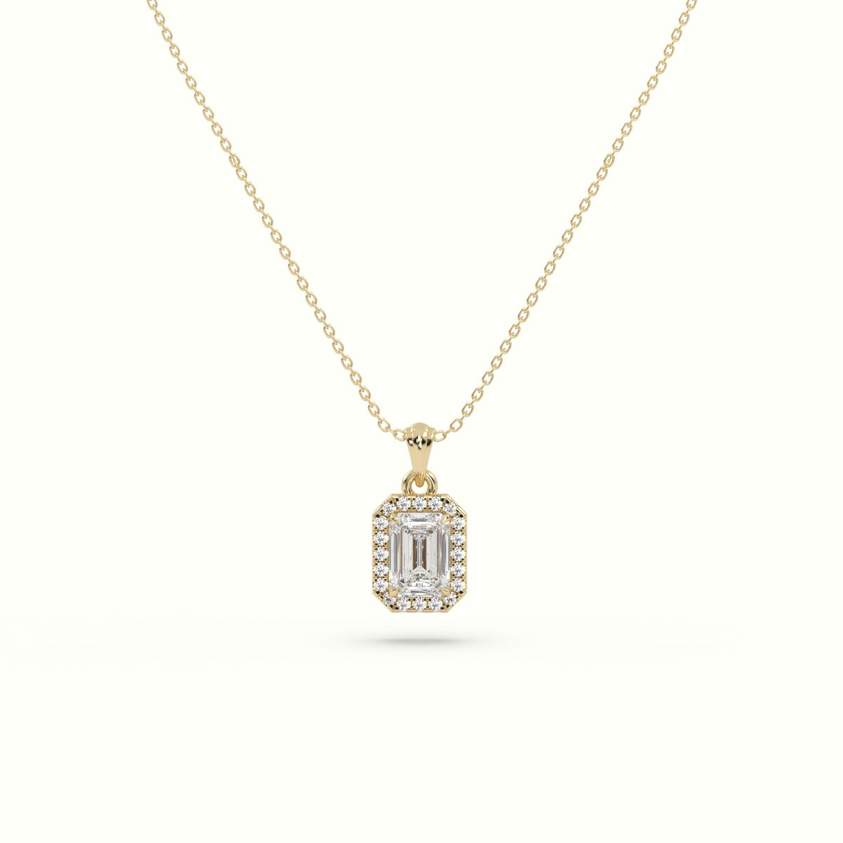 Emerald Cut Solitaire Halo Diamond Pendant — Yellow Gold