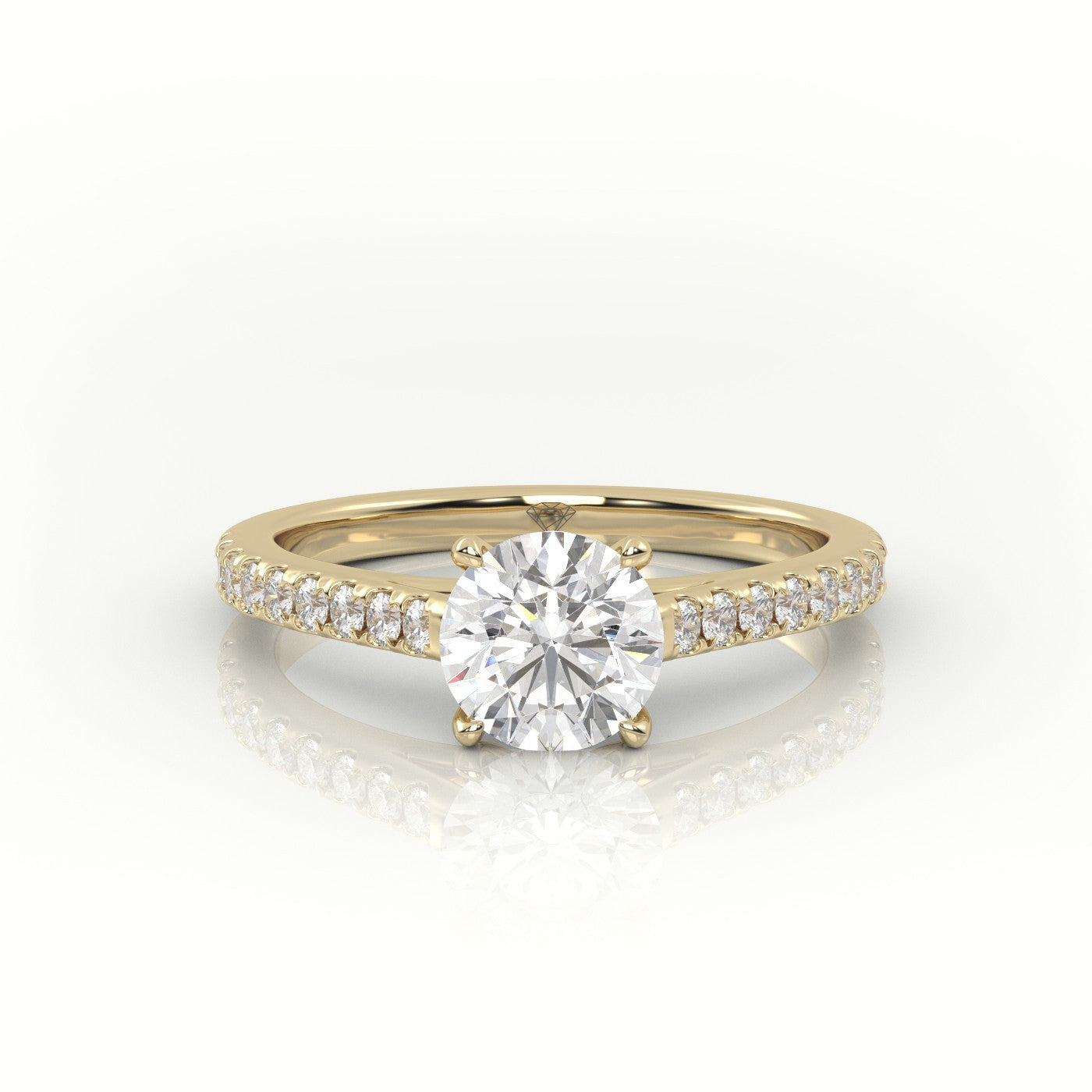 Round Cut Diamond Pave Setting Engagement Ring — Yellow Gold