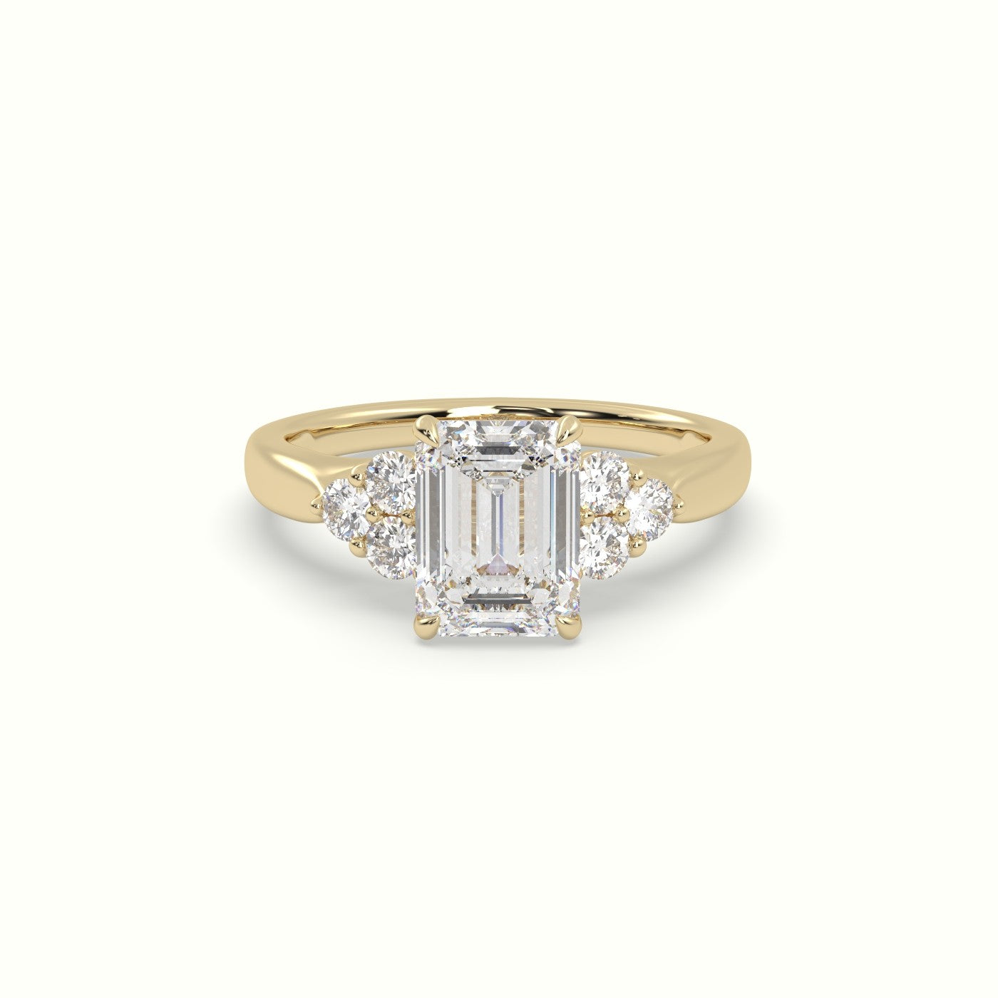 Emerald Cut Diamond Side Stone Engagement Ring — Yellow Gold